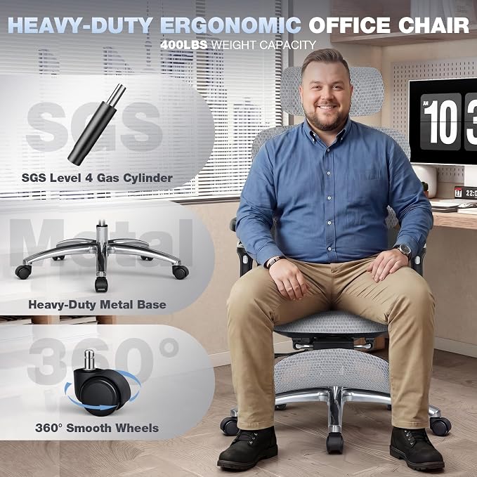 MALOL Ergonomic Office Chair, 400lbs High Back Mesh Desk Chair with 6D Armrests, 3D Headrest, Adjustable Lumbar Support, Seat Depth Adjustment, Tilt Lock, Metal Base & PU Wheels, Grey - Image 9