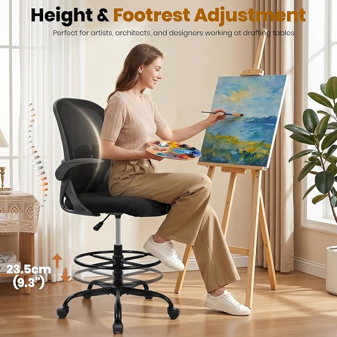 Drafting Chair Tall Office Chair with Flip-up Armrests Executive Ergonomic Computer Standing Desk Chair with Lumbar Support and Adjustable Footrest Ring (Black) - Image 13