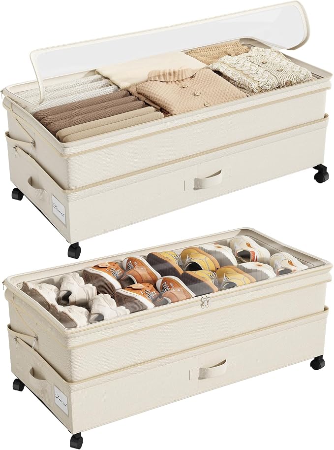 Kitstorack 2Pack Height-adjustable Under Bed Storage with Wheels, Under Bed Storage Containers,Under Bed Shoe Storage Organizer with Clear Window&Label, Suitable for Clothes Storage, Beige by Kitstorack
