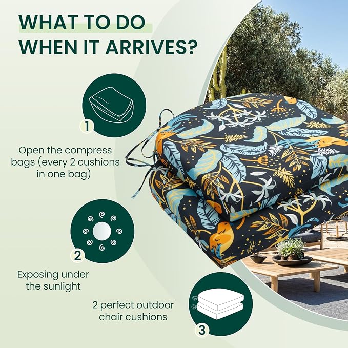 HARBOREST Outdoor Chair Cushions Set of 2, Water Resistant Patio Chair Cushions with Ties, Outdoor Seat Cushions for Patio Furniture, 17"x16"x2", Philomel - Image 5