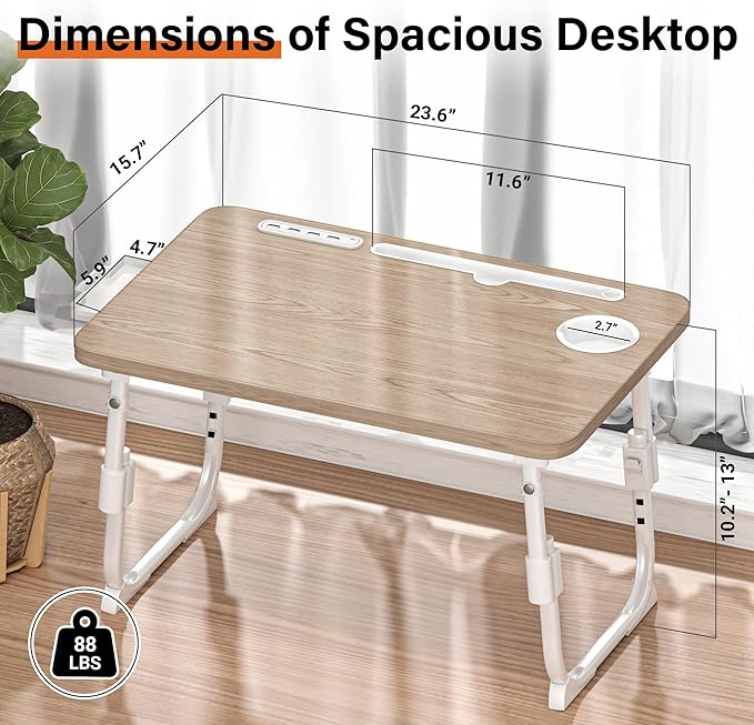 Lap Desk for Bed Adjustable Height with USB Port 23.6" x15.7" Desktop | Storage Drawer, Bookshelf, Fits 17" Laptop, For couch WFH Study, Foldable Non-Slip No Assembly Sturdy Lightweight Glacier - Image 4