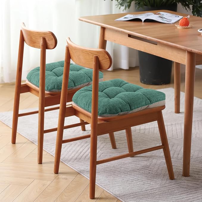 Chair Cushions for Dining Chairs Set of 2, 18"x18"x3", Green | Non-Slip with Ties, Tufted, Faux Linen, Seat Cushions for Dining Room Kitchen Breakfast Nook Indoor Home Office Living Room - Image 5
