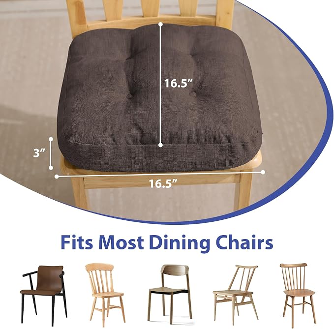 IASEAHK Chair Cushions for Dining Chairs, Dining Chair Cushions, Tufted Indoor Chair Pads with Ties & Non Slip Backing, Seat Cushions for Kitchen Chairs 16.5” x 16.5” x 3.5”, Set of 2, Brown - Image 3