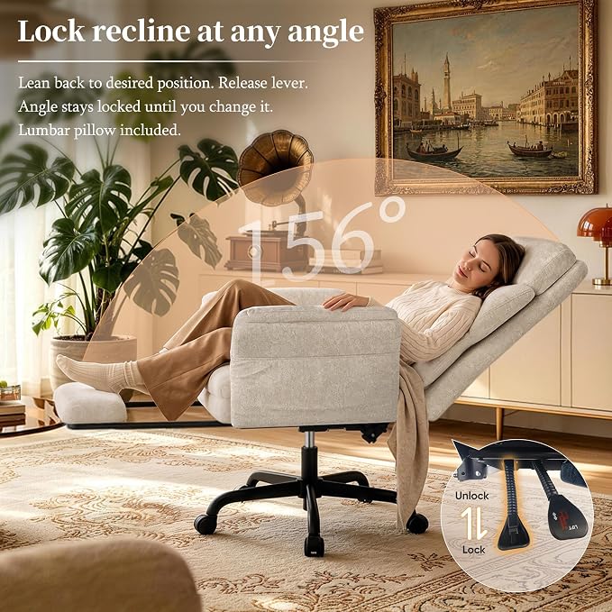 C57 Ergonomic Reclining Office Chair with Footrest, Velvet Desk Chair with 6-Stage Adjustable Wing Armrests for Cross Legged Sitting, Pet Friendly High Back Lounge Gaming Chair for Home Office - Image 6