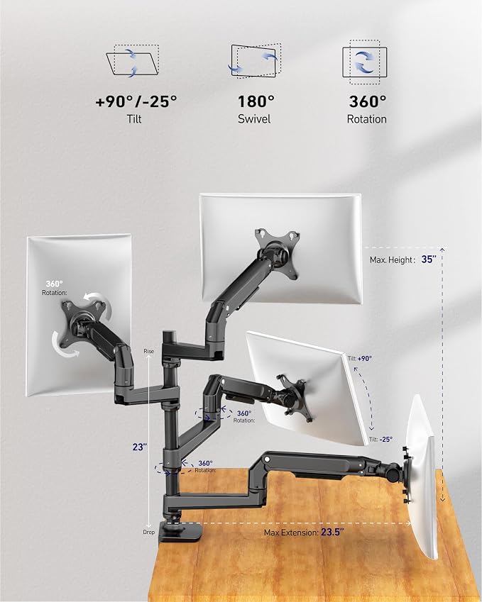 Heavy Duty Quad Monitor Mount, 4 Monitor Arm for 13-40 Inch Screens, Black | Premium aluminum mechanical spring 25 lbs/arm, full motion tilt/swivel/rotate, VESA 75/100, C-clamp & grommet, cable channels - Image 2
