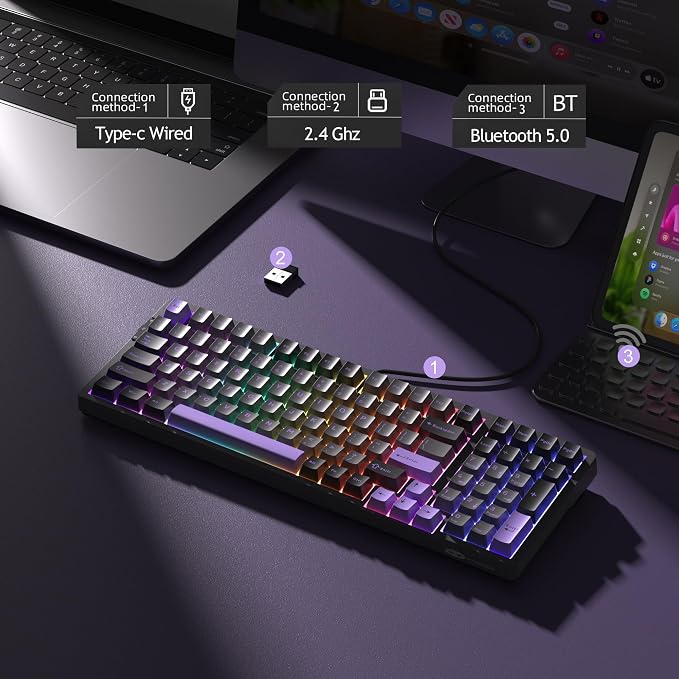 MageGee LIGHT100 Wireless Creamy Keyboard, Gasket Structure Hot Swappable, Tri-Mode 2.4G/USB-C/BT5.0 RGB Backlit Mechanical Gaming Keyboard for Win/Mac/PC, PBT Keycap, 4000mAh Battery, Purple - Image 2