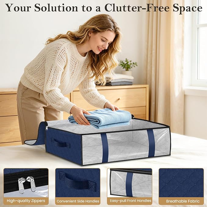StorageRight Under Bed Storage Bags, 2 Pack, 40L, Blue | Breathable Non-Woven Fabric with a Clear Window and Zippered Top for Clothes, Comforters, Blankets and Seasonal Storage - Image 3
