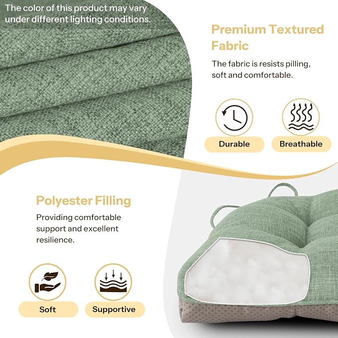 Chair Cushions for Dining Chairs 1 Piece, 18"x18"x3", Sage Green | Non-Slip with Ties, Tufted, Faux Linen, Seat Cushions for Dining Room Kitchen Breakfast Nook Indoor Home Office Living Room - Image 3