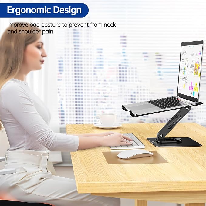 BESIGN LS12 Laptop Stand with 360° Rotating Base, Ergonomic Adjustable Notebook Holder, Computer Riser Stand Compatible with Air, Pro, Dell, HP, Lenovo More 10-14" Laptops (Black) - Image 4