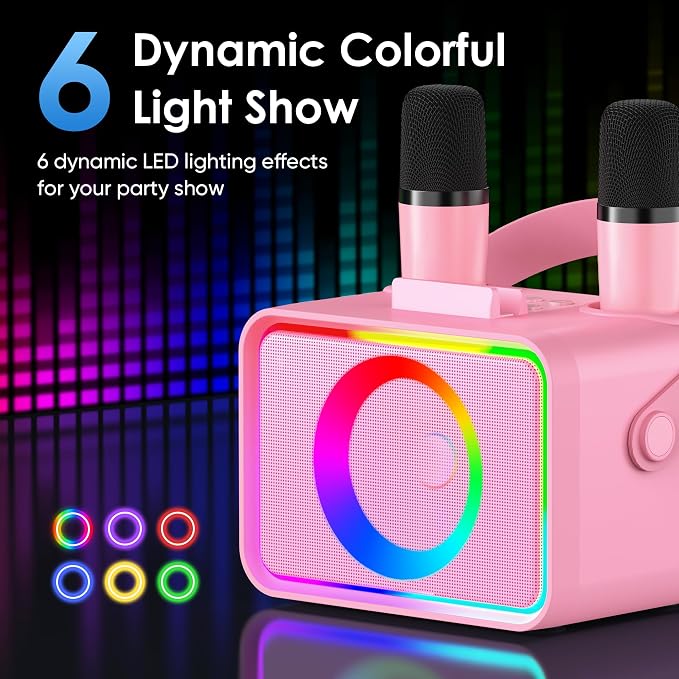 Karaoke Machine for Kids Adults,Portable Bluetooth Speaker with 2 Wireless Microphone with LED Lights, Karaoke Microphone with PA System Supports USB/TF/AUX,Gift for Party(Black) (Pink) - Image 4
