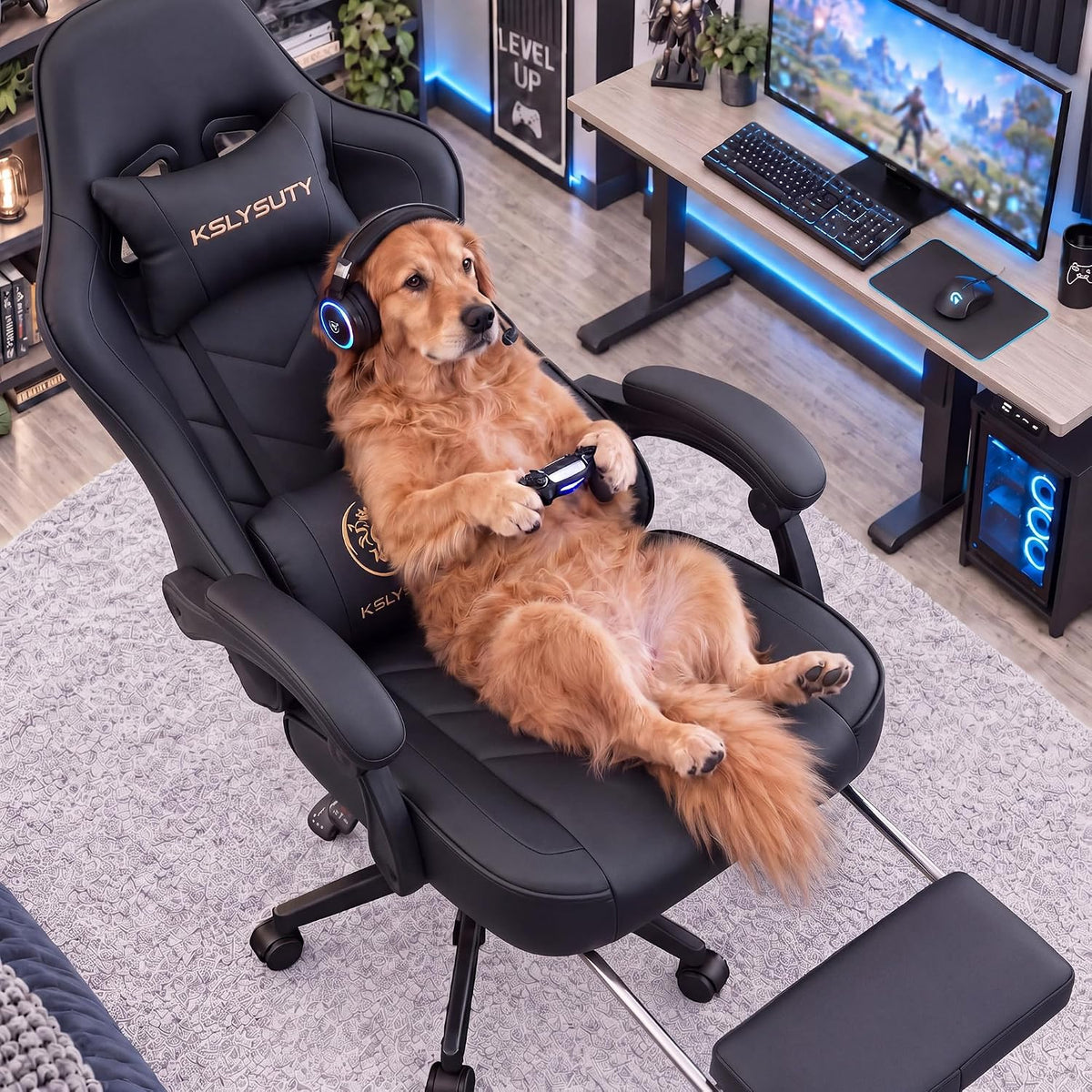 Desk Computer Gaming Chair - High Back Ergonomic Office Chair with Footrest and Lumbar Support, Swivel Comfy Home Gamer Video Game Chairs with Pocket Spring Cushion for Adults (Black) by Kslysuty
