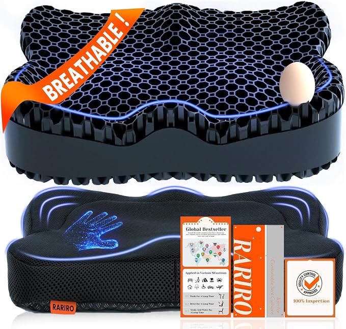 Breathable Honeycomb Gel Seat Cushion, Pressure Relief Cushion Long Sitting | Office Chair Pad, Car, Wheelchair, Home, Ergonomic Seat Cushion, Thickened 16.9*14.5*2.75in, Black by RARIRO