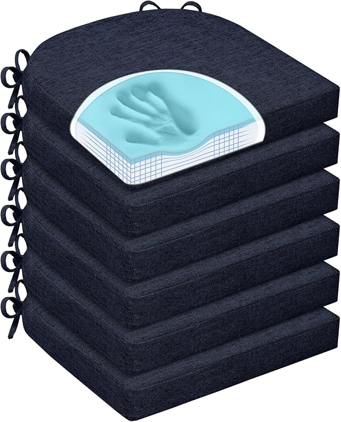 Chair Cushions for Dining Chairs, Non Slip Chair Pads with Ties and Washable Covers, Memory Foam Kitchen Chair Cushions Set of 6, 16"X16"X2.5", Navy by HOMELYSIAN
