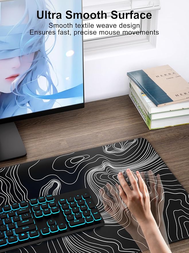 TopMade Mouse Pad with 15W Fast Wireless Charging, 31.5"x15.75" XXL Large Gaming Waterproof Desk Pad with Ultra-Smooth Surface, Non-Slip Base, Computer Desk Mat, Black Topographic Map #2 - Image 4
