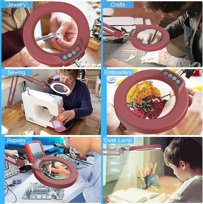 10X Magnifying Glass with Light and Clamp, Real Glass Stand Lighted Magnifier, 5 Color Modes Stepless Dimmable LED Desk Lamp Hands Free for Crafts Hobby Reading Painting Sewing Close Work - Red - Image 7