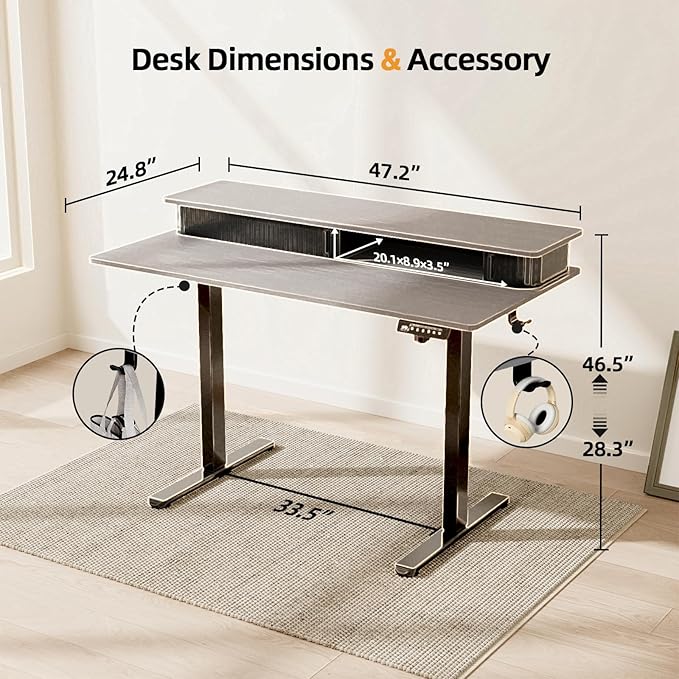JOY worker 48" Electric Adjustable Standing Desk with Storage Monitor Stand | Grey Computer Desk Height Adjustable with Storage Shelves, Spacious Woskstation, Sit Stand Desk with 2 Hooks for Home Office - Image 2