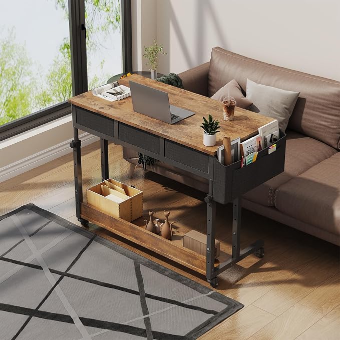 WINAZ Rolling Standing Desk Adjustable Height with Drawers on Wheels, 40 Inch Portable Mobile Stand Up Computer Desks for Bedroom Home Office, Couch Sofa Side Laptop Table with Storage, Rustic Brown - Image 4
