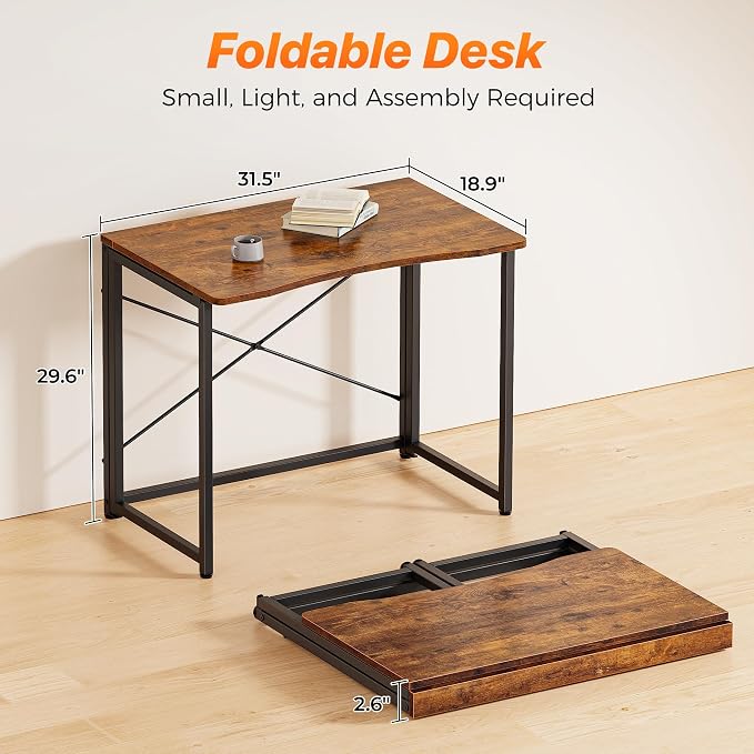 Huuger Folding Desk for Small Spaces, 31.5 Inch Foldable Computer Table | Easy Assembly, Small Writing Work Office Computer Desk, for Home Office, Study, Bedroom, Dorm, Space Saving, Rustic Brown - Image 2