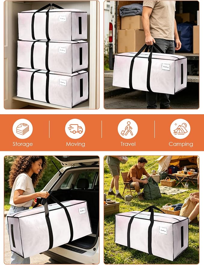 SWEET DOLPHIN 12 Pack 200LB Heavy-Duty Moving Bags with Wrap-Around Handles, Extra Large Storage Totes for Space Saving, Clothes Storage Bags, College Dorm Essentials, Semi-Transparent, 24 Gal - Image 6