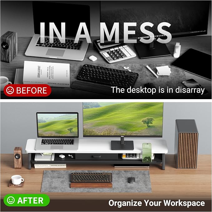 AFOOYO Dual Monitor Stand Riser,LED 2-Tier 39.3 Inch Computer Monitor Stand for 2 Monitors,Office Desktop Organizer with Storage Drawer and Phone Holder for Laptop,PC,Computer,Printer,White - Image 5