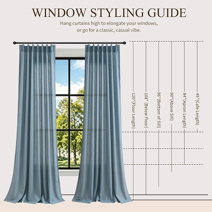 Hokibero Blue Pinch Pleated Linen Curtains 102 Inch Long for Living Room | Light Filtering Sheer Curtain,Pinch Pleat Back Tab Hooks Rings,Farmhouse Textured Privacy Drapes for Bedroom Window,2 Panels - Image 9