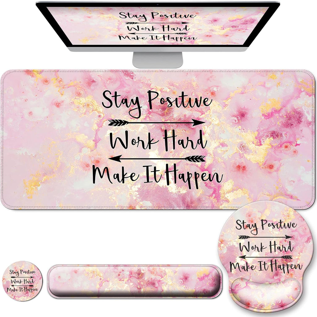 Large Mouse Pad and Keyboard Wrist Rest + Desk Mat Set,Full Long Mouse Pads for Desk Accessories with Memory Foam Gel Pink Mousepad for Women Computer Desktop Office Work-Pink & Black Slogan by VINEBURY