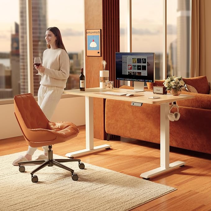 FEZIBO Standing Desk, 48 × 24 Inches Electric Height Adjustable, Sit and Stand Up, Computer Office Desk with Splice Board, White Frame/Maple TOP | Sit and Stand Up Adjustable Desk, Home Office Computer Desk with 3 Customizable Memory Presets - Image 2