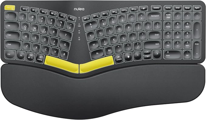 Nulea Wireless Ergonomic Keyboard, Split Keyboard with Wrist Rest, USB-C Charging, 7-Color Backlight, Natural Typing, Bluetooth and USB Connectivity, Compatible with Windows/Mac | Bluetooth 2.4G Keyboard with USB-C Charging, 3 Device Switching, Adjusta... by Nulea