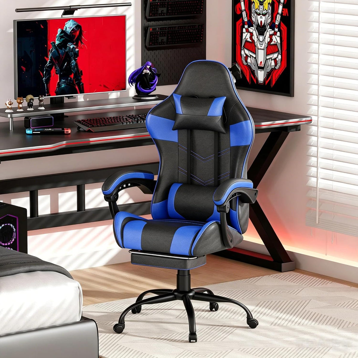 Gaming Chair with Footrest, Ergonomic Video Game Chair for Adults, Blue - Image 2
