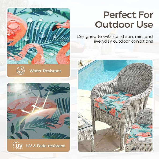UNIKOME Outdoor Chair Cushions Set of 4, Water Resistant Patio Seat Cushions with Ties for Outdoor Furniture, High-Density Foam, UV & Fade Resistant, Piped Edge – 19" x 19" x 3", Flamingos - Image 3