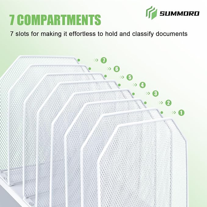 SUMMORO Inclined File Organizer for Desk, 7-Section Vertical File Holder | Office Desk Organizer Metal Rack File Folder, Wire Mesh Desktop Document Sorter, for Office School Classroom Home (White) - Image 6