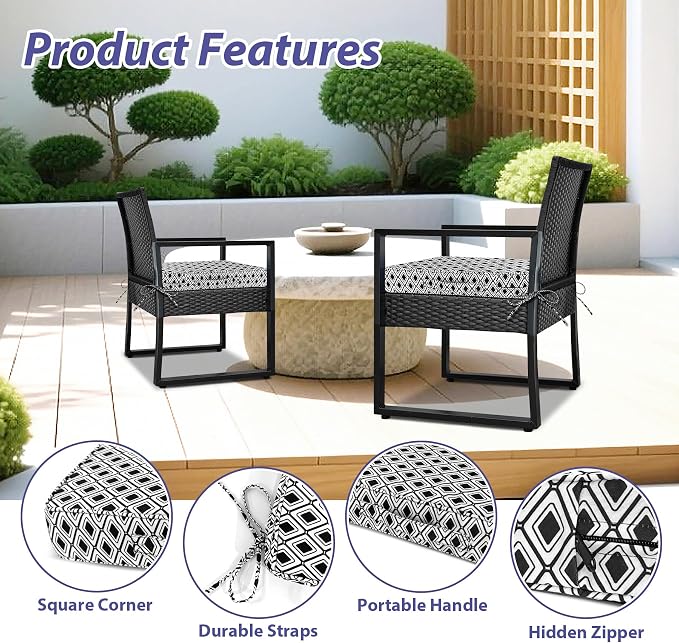 IPYNBAP Outdoor Chair Cushions Set of 4 -Waterproof Outdoor Seat Cushions for Patio Furniture, Patio Chair Cushion with Handle and Ties, Out Door Chair Pads,17x16x2-Square, Black Geometry - Image 5