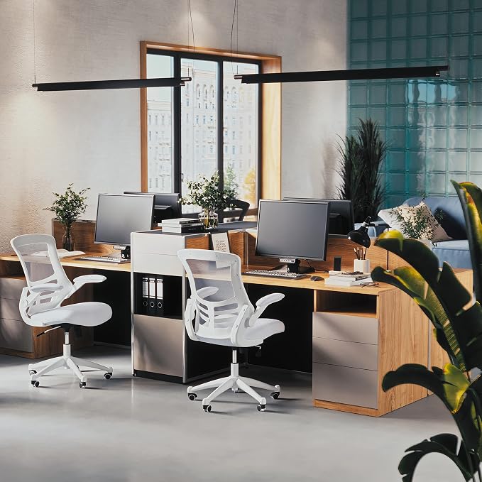 Flash Furniture Mid-Back White Mesh Swivel Ergonomic Task Office Chair with White Frame and Flip-Up Arms | White Frame, Mid-Back, Flip-Up Arms, Mesh Back - Image 6