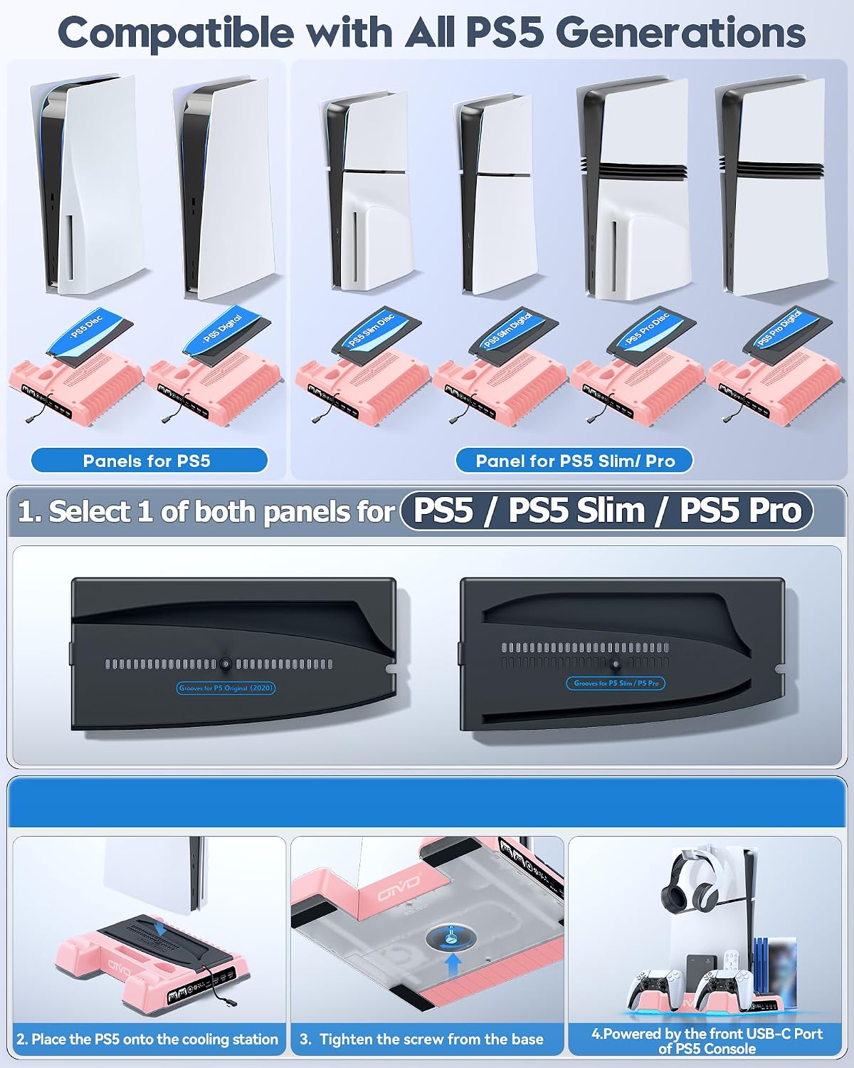 OIVO P 5/Slim/Pro Stand and Cooling Station with LED Controller Charging Station for P 5 Console, Controller Charger, Cooling Stand, P5/Slim/Pro Skin Accessories Kit with 3 Level Cooler Fan, Pink - Image 2