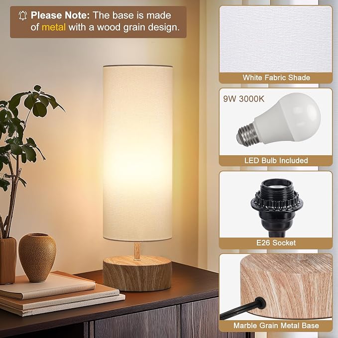 Touch Table Lamp with Wood Grain Metal Base, 3 Way Dimmable Bedside Lamp | Modern Nightstand Desk Lamp with White Shade, Simple Night Light for Bedroom Living Room Home Office, LED Bulb Included - Image 6