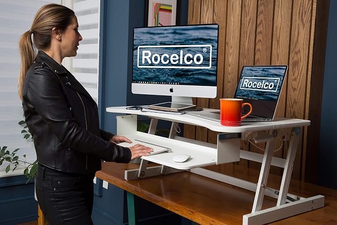 Rocelco 37.5" Deluxe Height Adjustable Standing Desk Converter - Quick Sit Stand Up Dual Monitor Riser - Gas Spring Assist Computer Workstation - Large Retractable Keyboard Tray - White (R DADRW) - Image 5