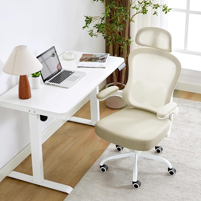 Ergonomic Office Chair,Ultra Thick Spring Cushion Desk Chair,Khaki | Adjustable Lumbar Support and Headrest,Flip-up Arms,Rocking Function,Mesh Home Office Computer Chair - Image 8