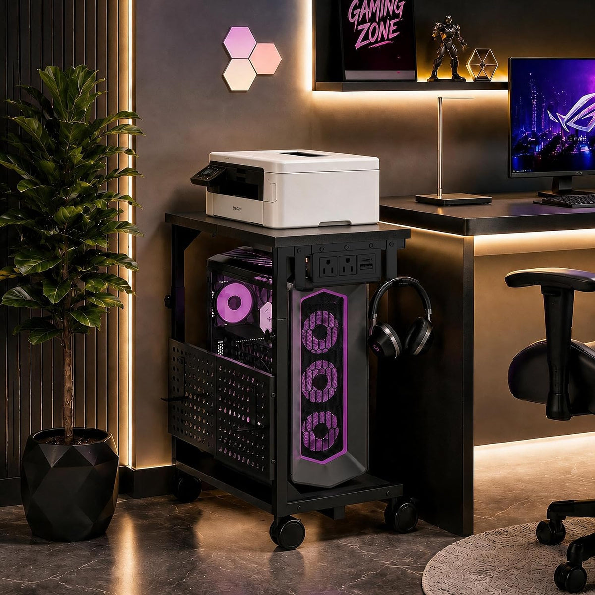 Adjustable Computer Tower Stand with Charging Station & Pegboard,Black - Image 5
