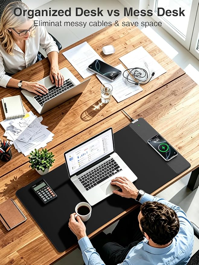 Wireless Charging Mouse Pad, 31.5"x15.8" Large Desk Mat, Smooth Glide | Waterproof Mousepad, Stitched Edge, Non-Slip Rubber Base, Desk Pad Computer Keyboard Mat, No Adapter - Image 4