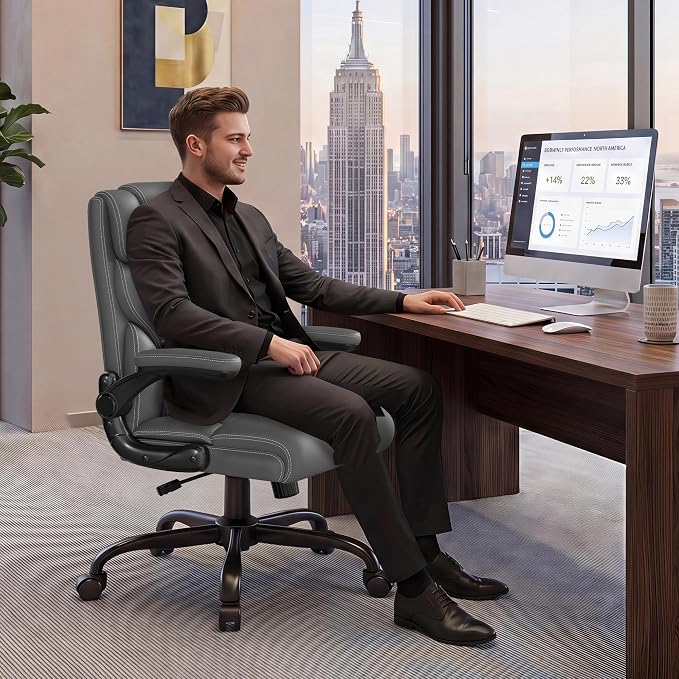 Office Chair, Executive Mid-Back Computer Desk Chair with Flip-up Armrests | 300 Lbs Ergonomic Leather Swivel PC Chair with Rock Function for Working Studying (Gray) - Image 9