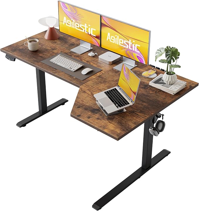 Agilestic 59 x 35 Inch Corner L Shaped Electric Standing Desk, Rustic Brown | Electric Height Adjustable, L-shape Workspace, Sturdy Steel Frame, Memory Preset, Hooks, 154 lbs, Easy Assembly, Splice Board by Agilestic