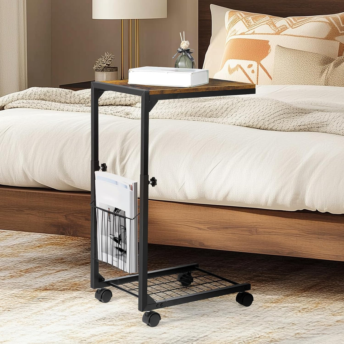 C Shaped Side Table Small End Table with Wheels Slide Under Couch Table for Sofa C Table with Metal Frame Adjustable Height Sofa Table for Living Room Bedroom Small Space, Rustic Brown - Image 9