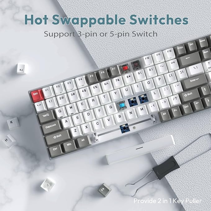 RK ROYAL KLUDGE RK100 Wireless Mechanical Keyboard RGB Backlit Bluetooth5.1/2.4G/Wired 96% Full Size 100-Key Hot Swappable Gaming Keyboard Red Switch Classic - Image 3