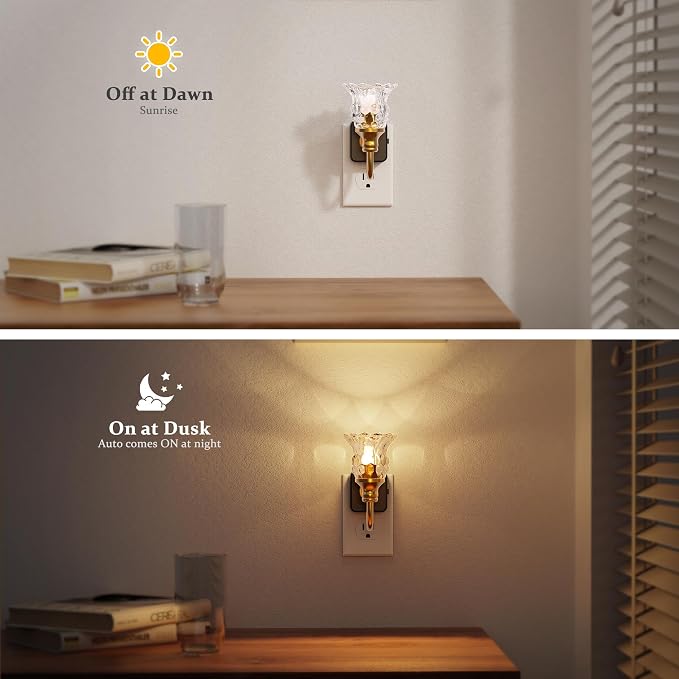 JandCase Night Light, Floral Night Lights Plug into Wall 2 Pack | Glass Flower LED Nightlight, 0-100LM Dimmable Nightlights with Light Sensor, 1W Vintage Nite Light for Bathroom Gift Vanity - Image 3