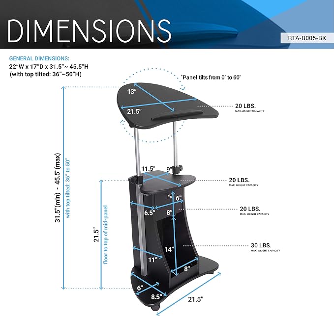 Techni Mobili Adjustable Height Rolling Laptop Cart with Storage, Black | Adjustable height rolling laptop cart with storage, open shelf, wheels, sit‑to‑stand ideal for podium office medical use - Image 3