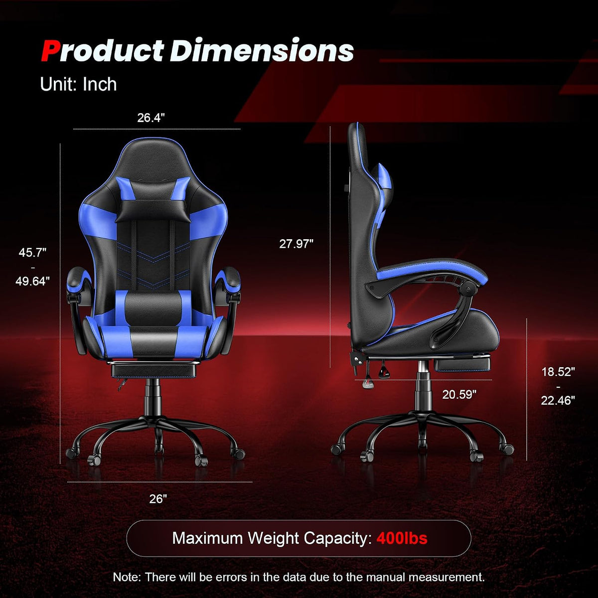 Gaming Chair with Footrest, Ergonomic Video Game Chair for Adults, Blue - Image 3