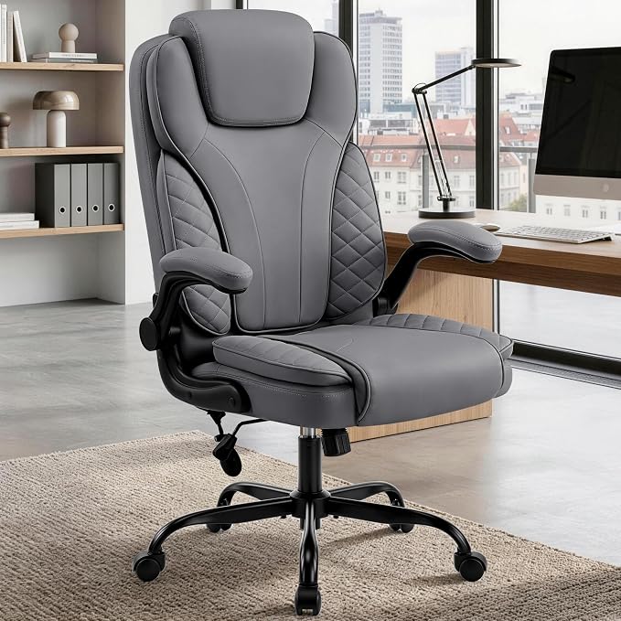 Ergonomic Office Chair, PU Leather High Back Executive Chair with Adjustable Inflatable Lumbar Support and Padded Flip-Up Arms, Recline Swivel Task Computer Chair for Home Office, Gray - Image 2