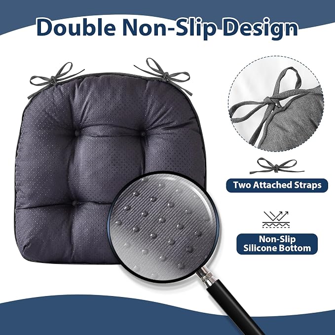IASEAHK Chair Cushions for Dining Chairs, 15.5" x 15.5" x 4", Dark Grey | Set of 4, Tufted Foam, Non Slip, With Ties, Machine Washable,Seat Cushions for Indoor&Kitchen&Dining Room - Image 4