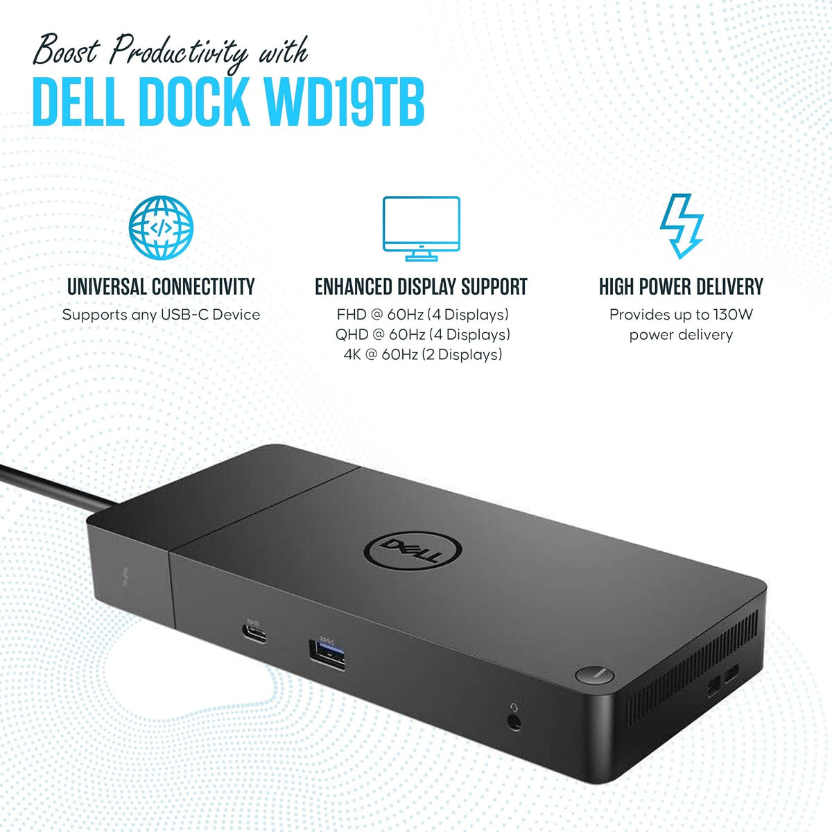Dell WD19TB Thunderbolt Dock - 1 Year Warranty - Dell Docking Station Dual Monitor USB C with 180W, HDMI & DisplayPort Cable - Docking Station for Laptop & Computer (Renewed) - Image 3