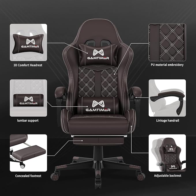 Gamtimer Gaming Chair, 400 LB Weight Capacity,with Pocket Spring Cushion | Ergonomic Backrest Office Chair,Leather, with Headrest and Lumbar Support, Footrest, Suitable for Adults(Brown) - Image 4